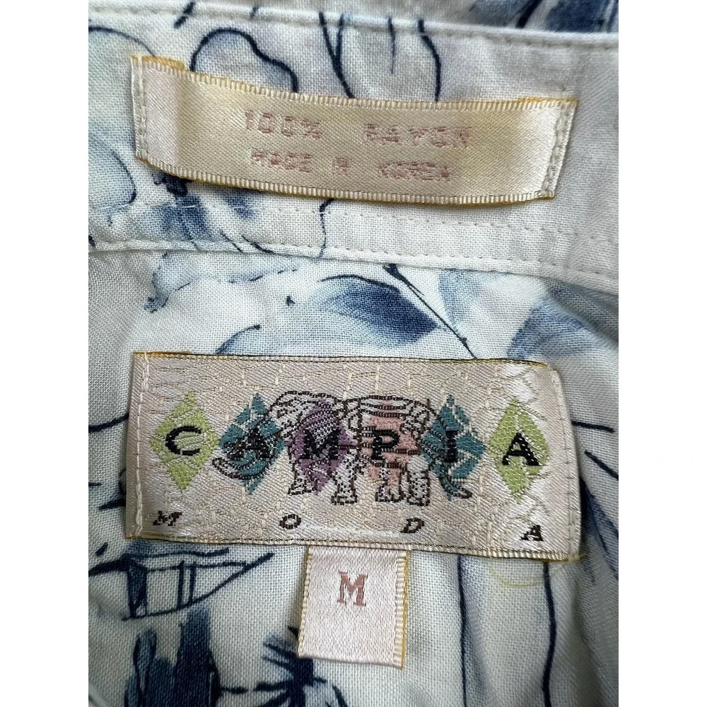 Campia Moda Mens Medium White Floral Hawaiian Rayon Button Up Shirt Short Sleeve